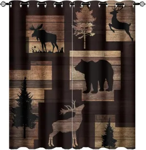 Rustic Lodge Cabin Curtains - Abstract Vintage Jungle Wildlife Elk Deer Tree Bear Window Treatment Room Darkening Blackout Curtains Thermal Insulated Grommet Curtains for Bedroom 2 Panels 63L x 27.5W