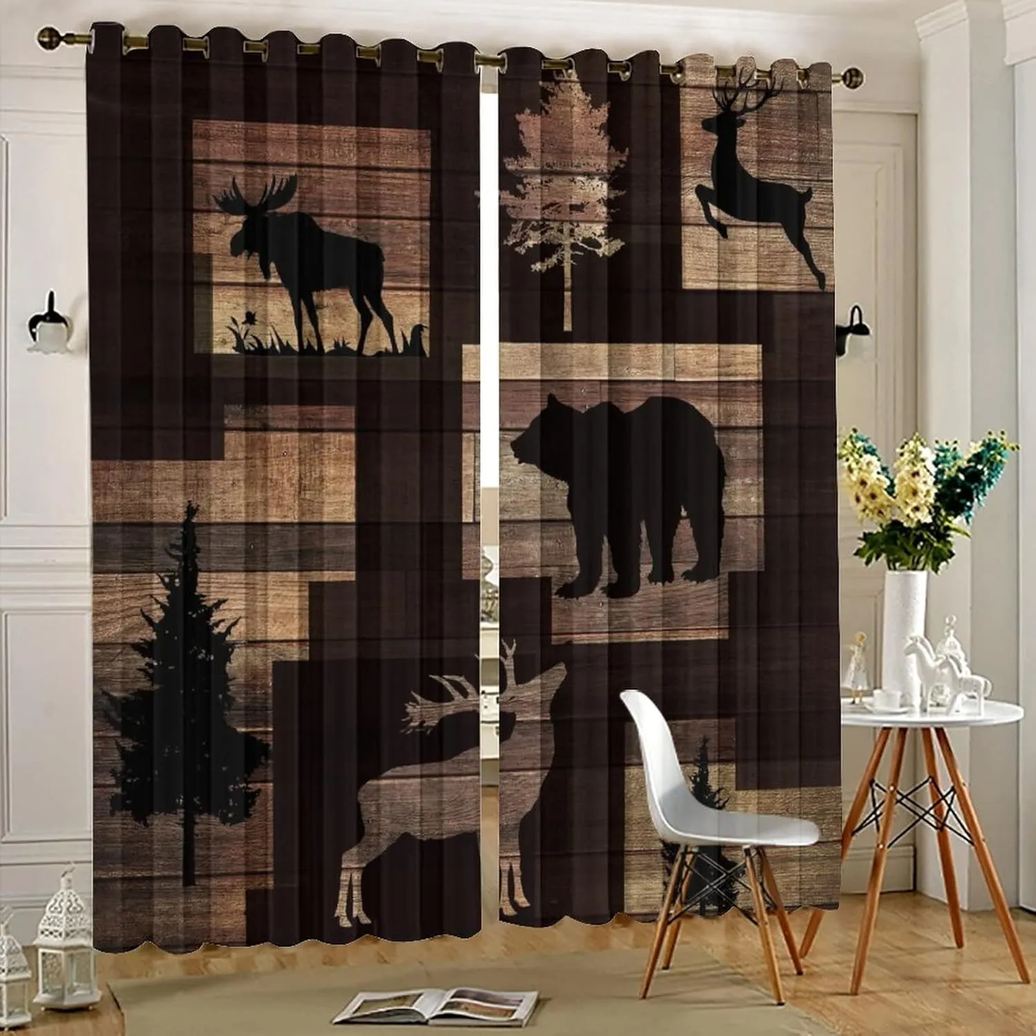 Rustic Lodge Cabin Curtains - Abstract Vintage Jungle Wildlife Elk Deer Tree Bear Window Treatment Room Darkening Blackout Curtains Thermal Insulated Grommet Curtains for Bedroom 2 Panels 63L x 27.5W