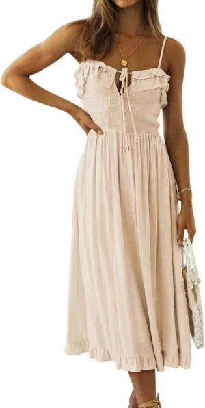 R.Vivimos Womens Summer Cotton Spaghetti Straps V-Neck Ruffle Casual Boho Midi Flowy Dress