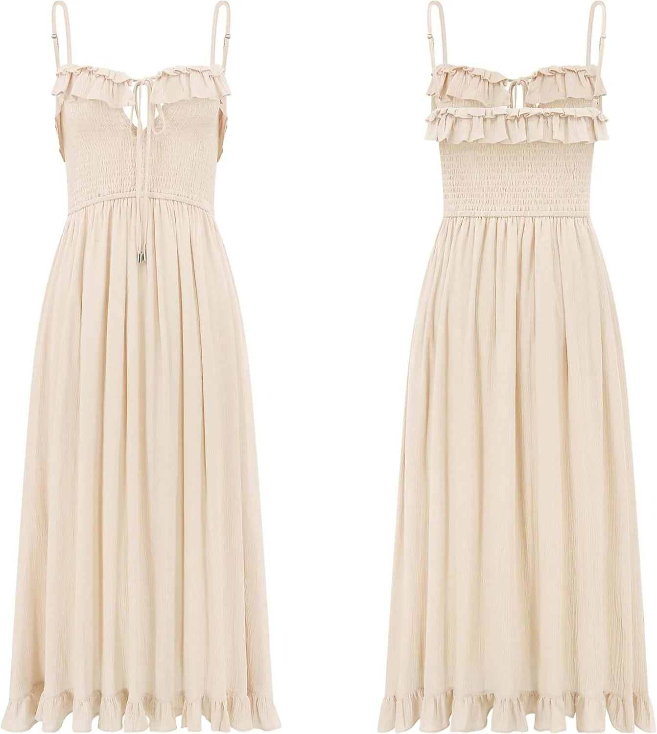 R.Vivimos Womens Summer Cotton Spaghetti Straps V-Neck Ruffle Casual Boho Midi Flowy Dress