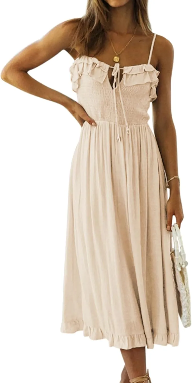 R.Vivimos Womens Summer Cotton Spaghetti Straps V-Neck Ruffle Casual Boho Midi Flowy Dress