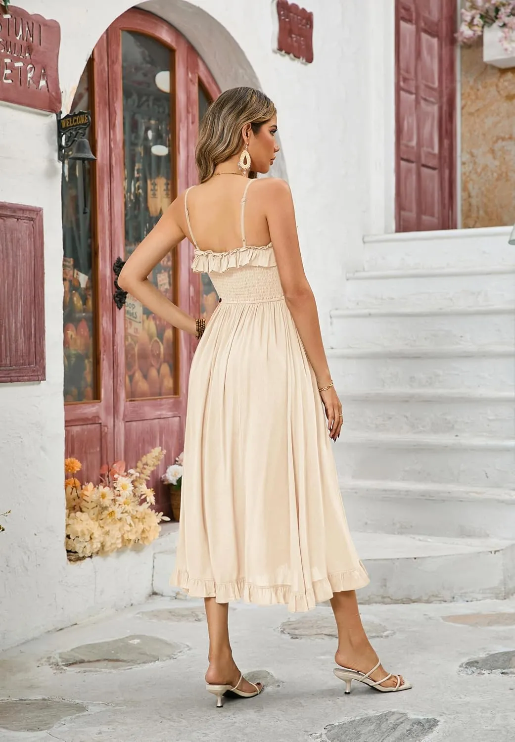 R.Vivimos Womens Summer Cotton Spaghetti Straps V-Neck Ruffle Casual Boho Midi Flowy Dress