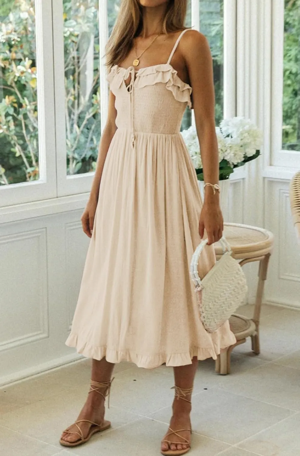 R.Vivimos Womens Summer Cotton Spaghetti Straps V-Neck Ruffle Casual Boho Midi Flowy Dress