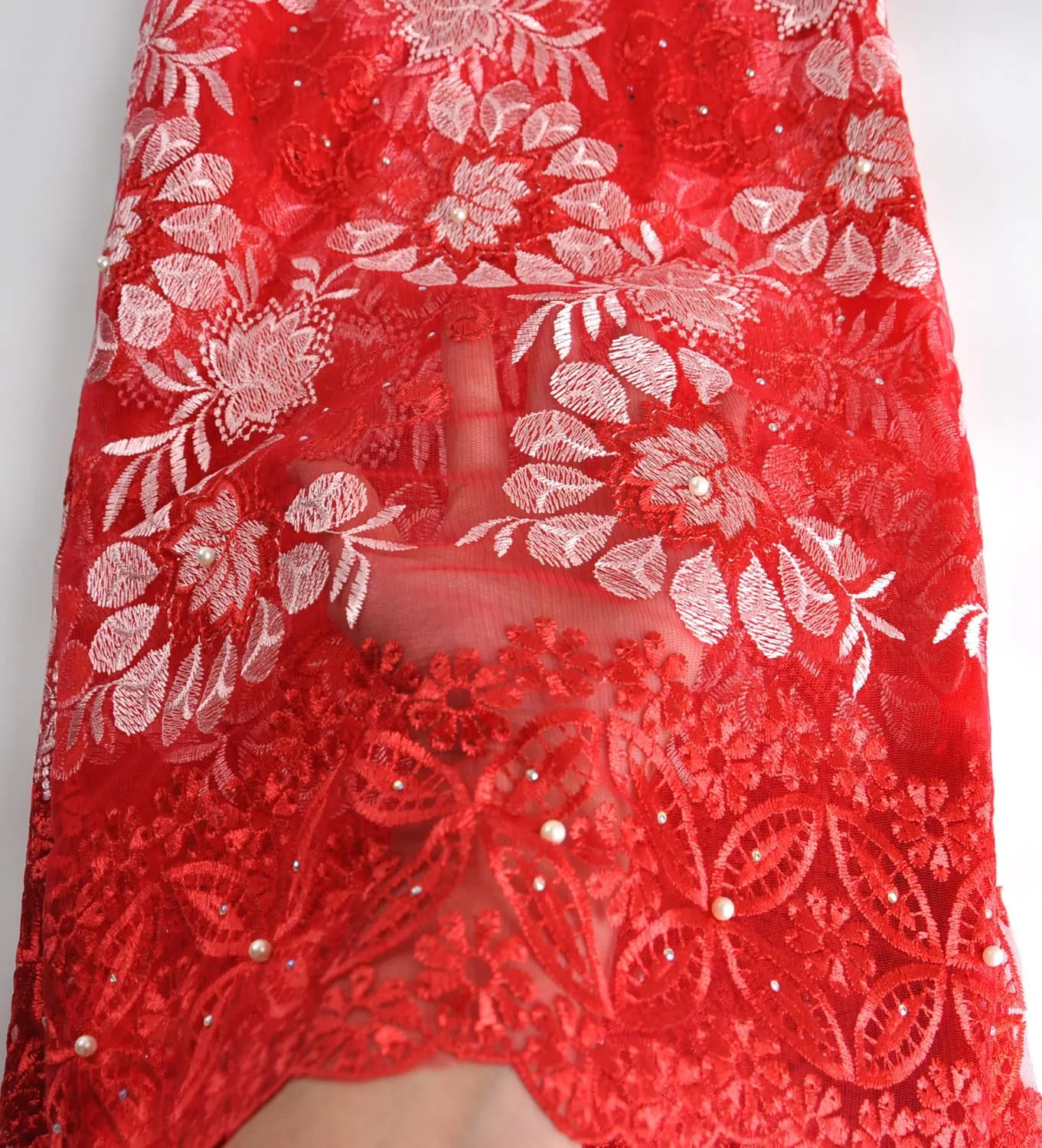 SanVera17 African Lace Net Fabrics Nigerian French Fabric Rope Embroidered and Manual Beading Guipure Cord Lace for Party Wedding 5 Yards (Red)