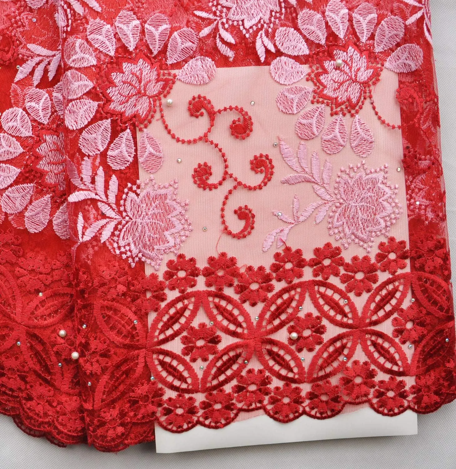 SanVera17 African Lace Net Fabrics Nigerian French Fabric Rope Embroidered and Manual Beading Guipure Cord Lace for Party Wedding 5 Yards (Red)