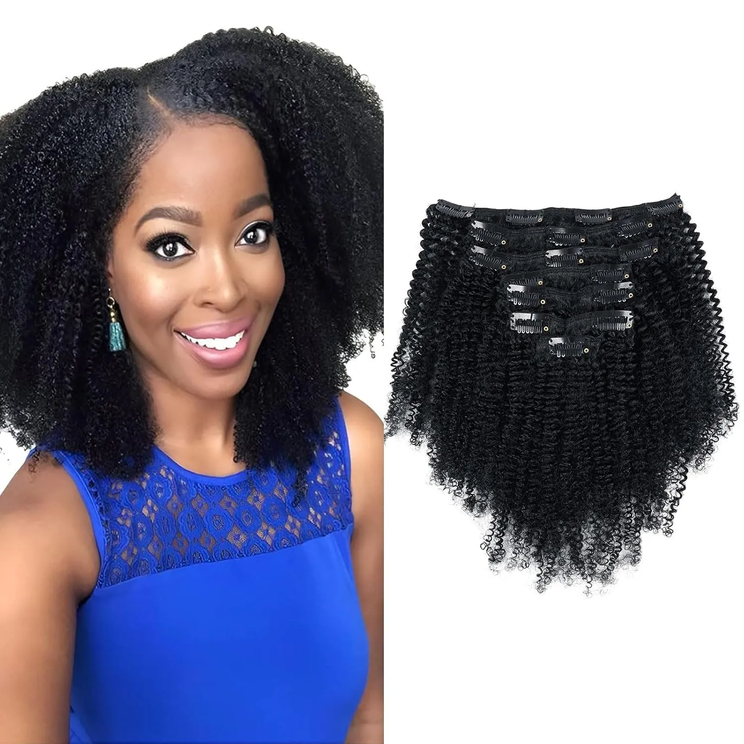 Sassina Afro Coily Clip in Human Hair Extensions Virgin Double Weft Remy Human Hair Extensions 7 Pieces with 17 Clips 120 Grams ins 20 Inch 4B 4C #1 Jet Black