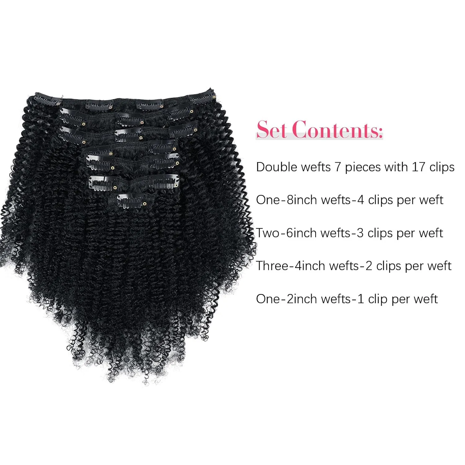 Sassina Afro Coily Clip in Human Hair Extensions Virgin Double Weft Remy Human Hair Extensions 7 Pieces with 17 Clips 120 Grams ins 20 Inch 4B 4C #1 Jet Black