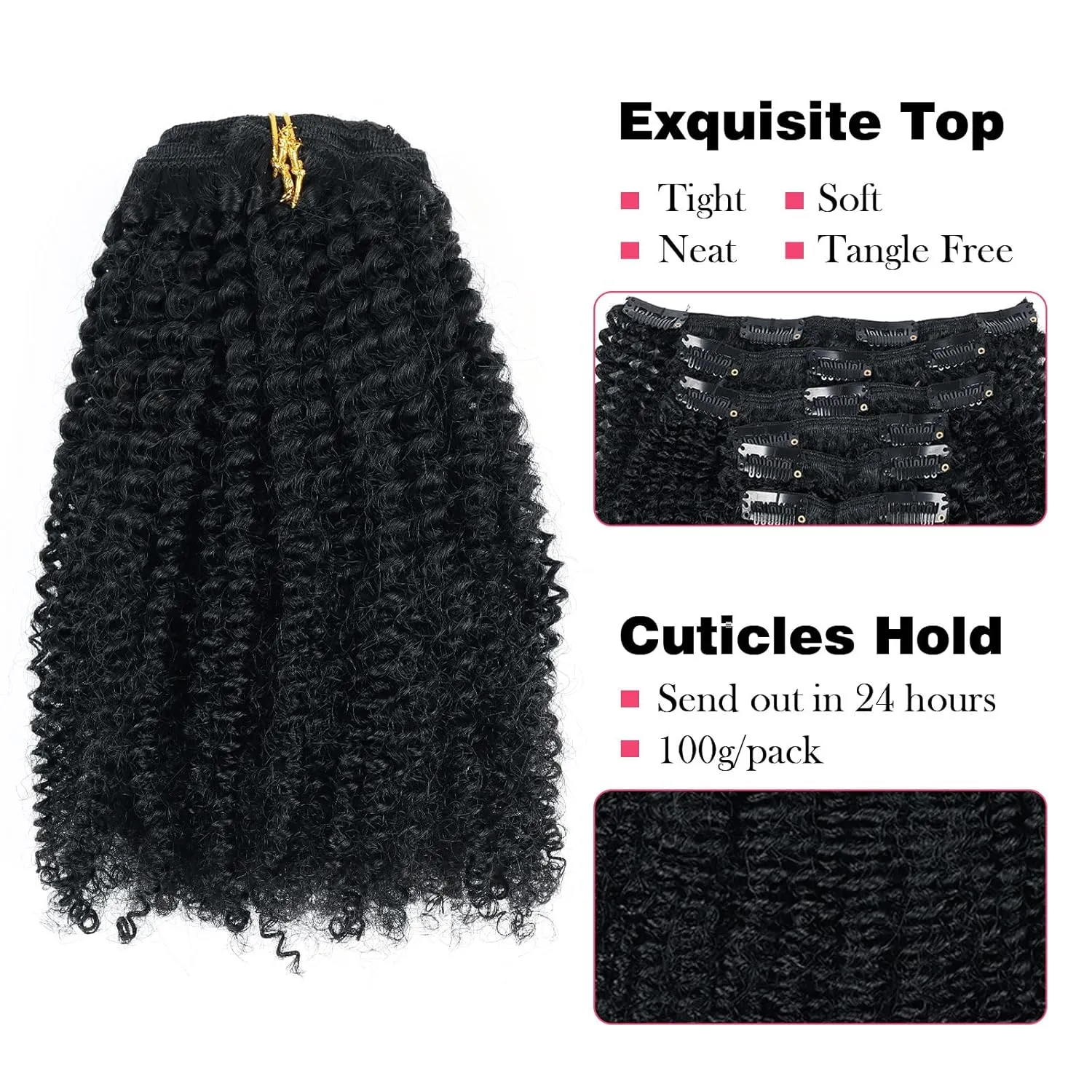 Sassina Afro Coily Clip in Human Hair Extensions Virgin Double Weft Remy Human Hair Extensions 7 Pieces with 17 Clips 120 Grams ins 20 Inch 4B 4C #1 Jet Black