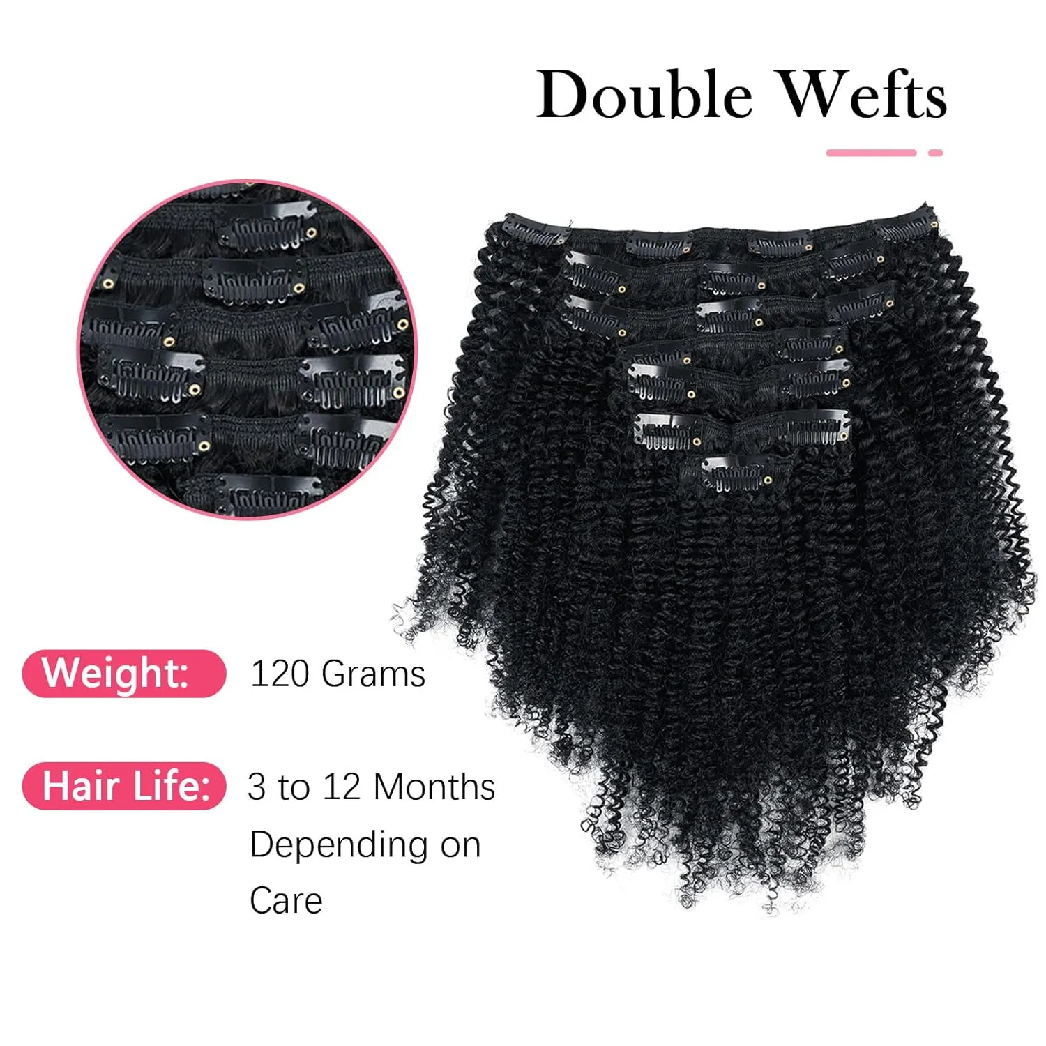 Sassina Afro Coily Clip in Human Hair Extensions Virgin Double Weft Remy Human Hair Extensions 7 Pieces with 17 Clips 120 Grams ins 20 Inch 4B 4C #1 Jet Black