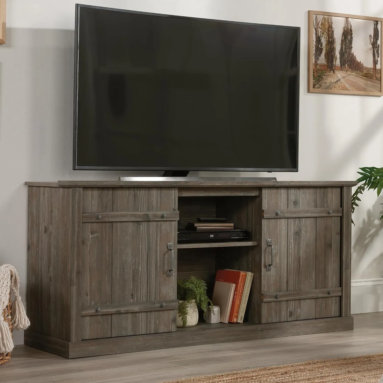 Sauder Entertainment Credenza, Pebble Pine Finish