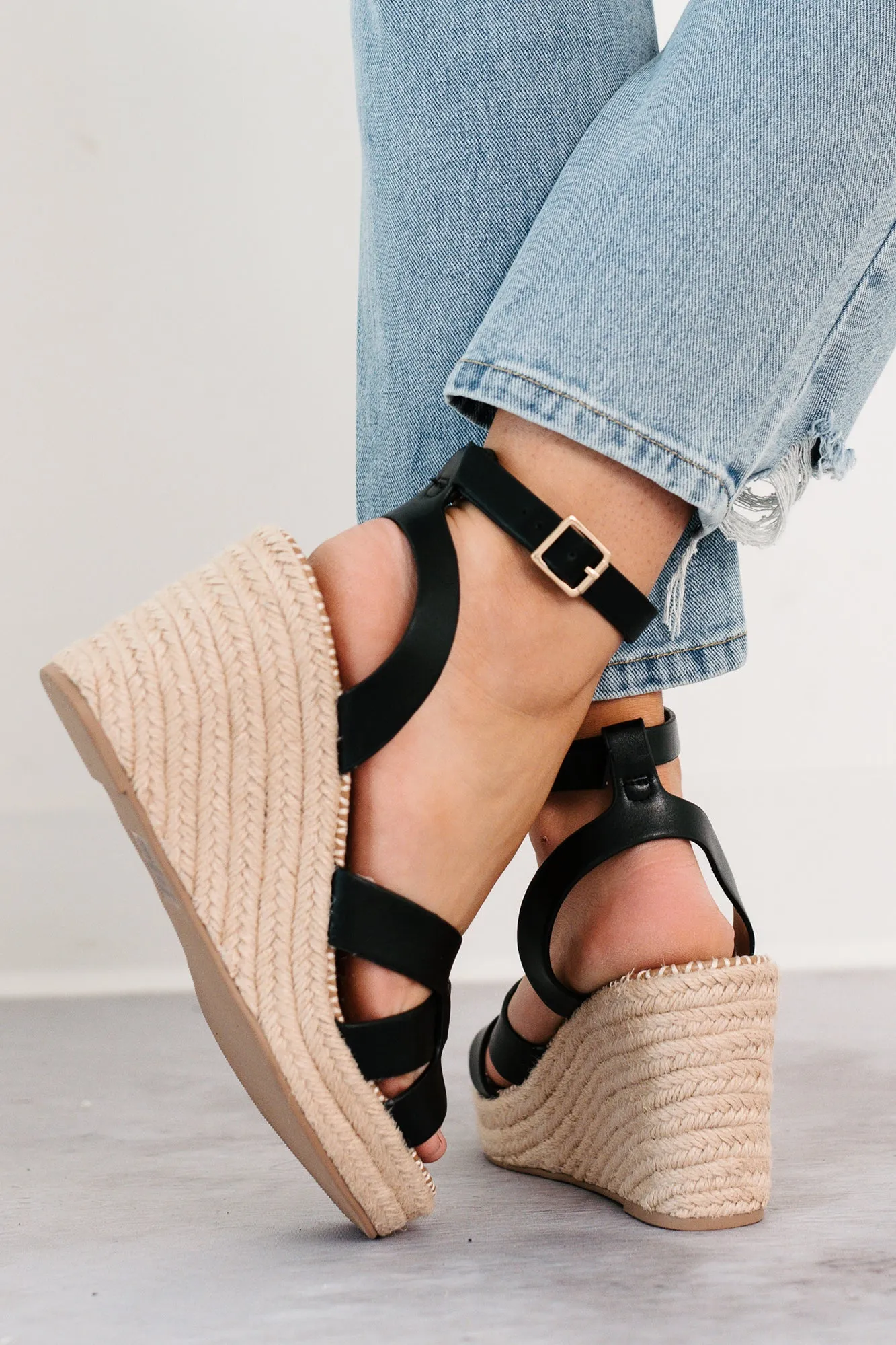 Scarlett Ankle Strap Espadrille Wedge Sandal (Black)