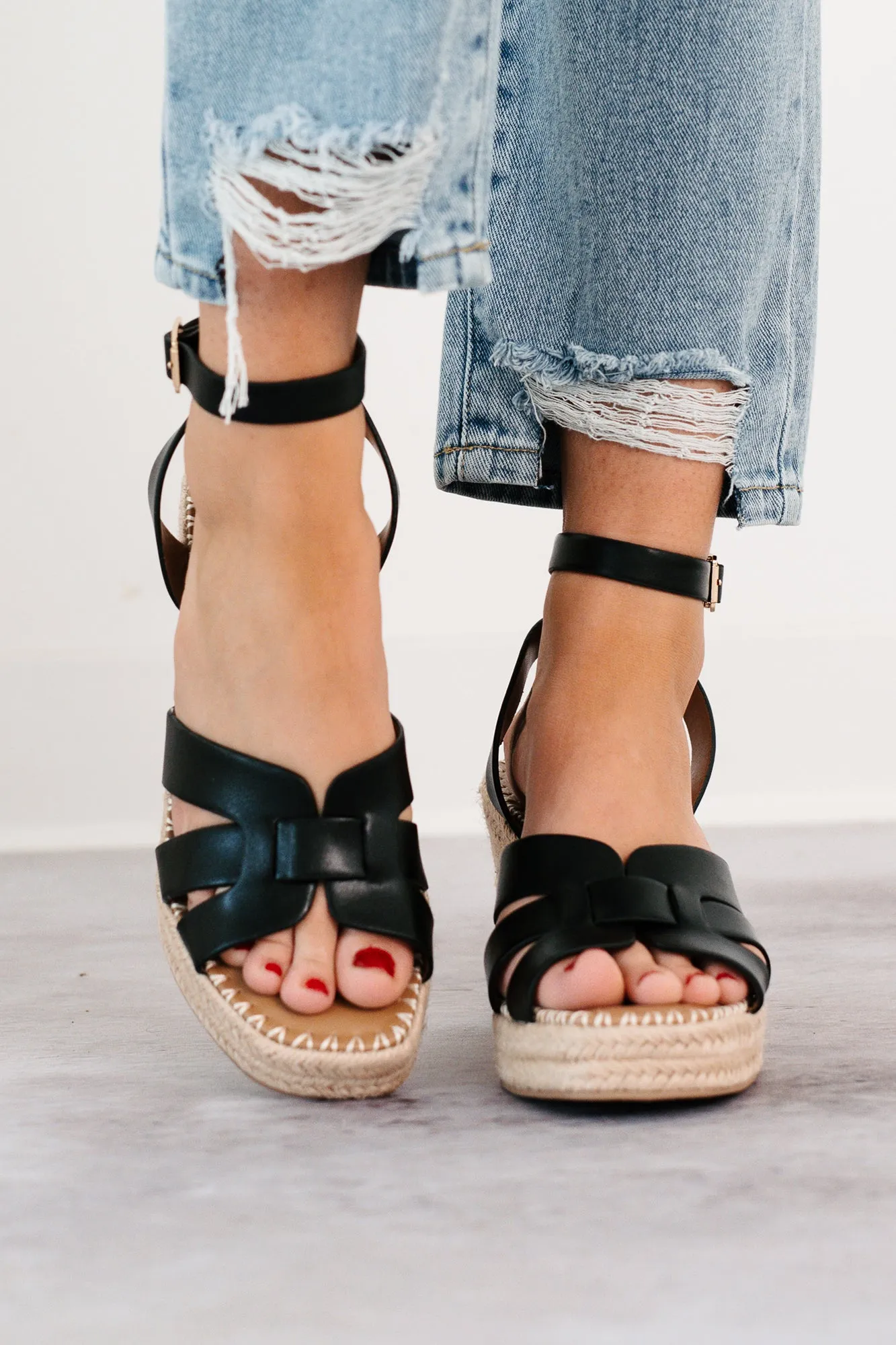 Scarlett Ankle Strap Espadrille Wedge Sandal (Black)