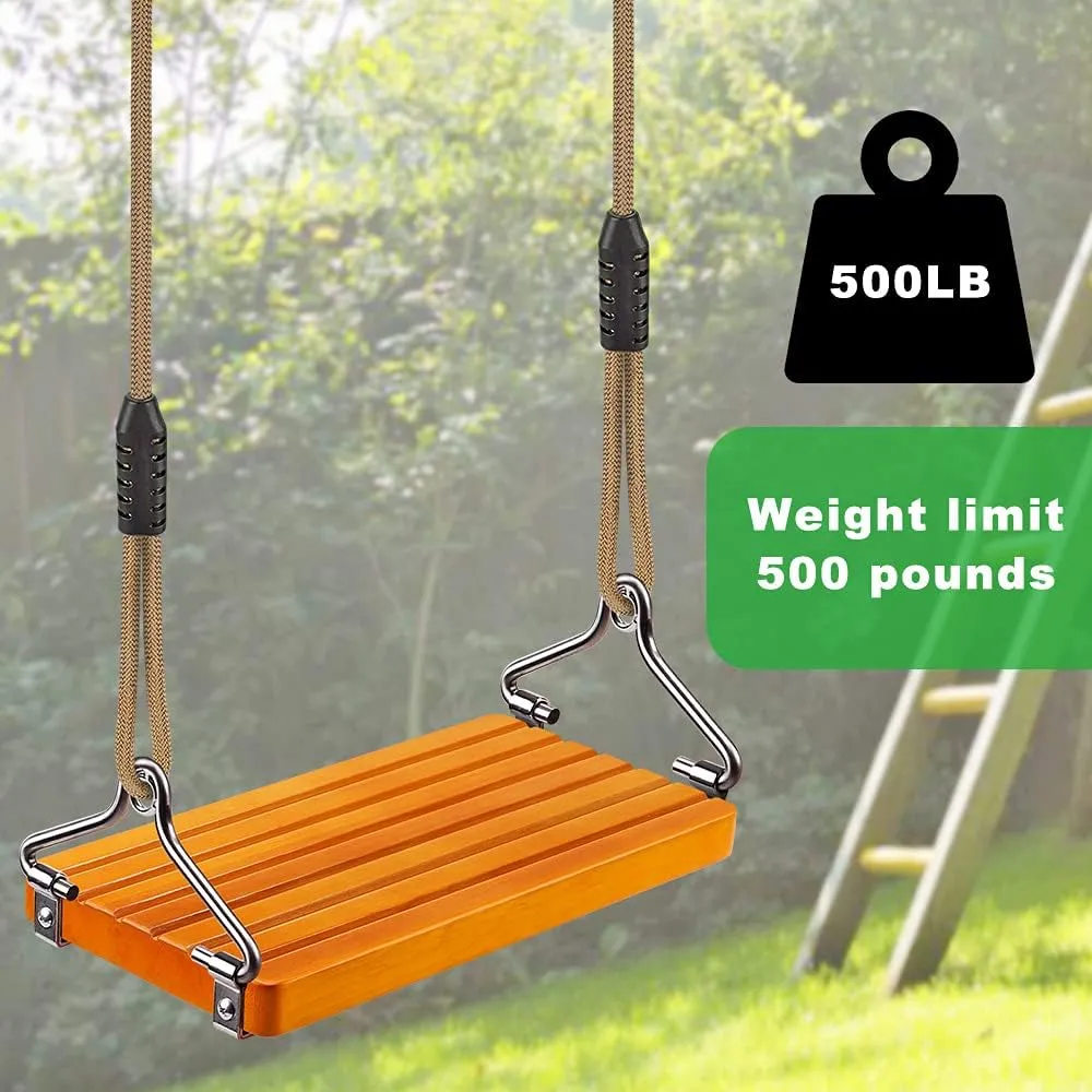 SELEWARE Hanging Wooden Swing, 17.5" x 8.2" Swing Seat with Adjustable Nylon Rope and 2 Carabiners, Wooden Tree Swing for Adults Kids Indoor Outdoor Backyard, 500lbs Capacity