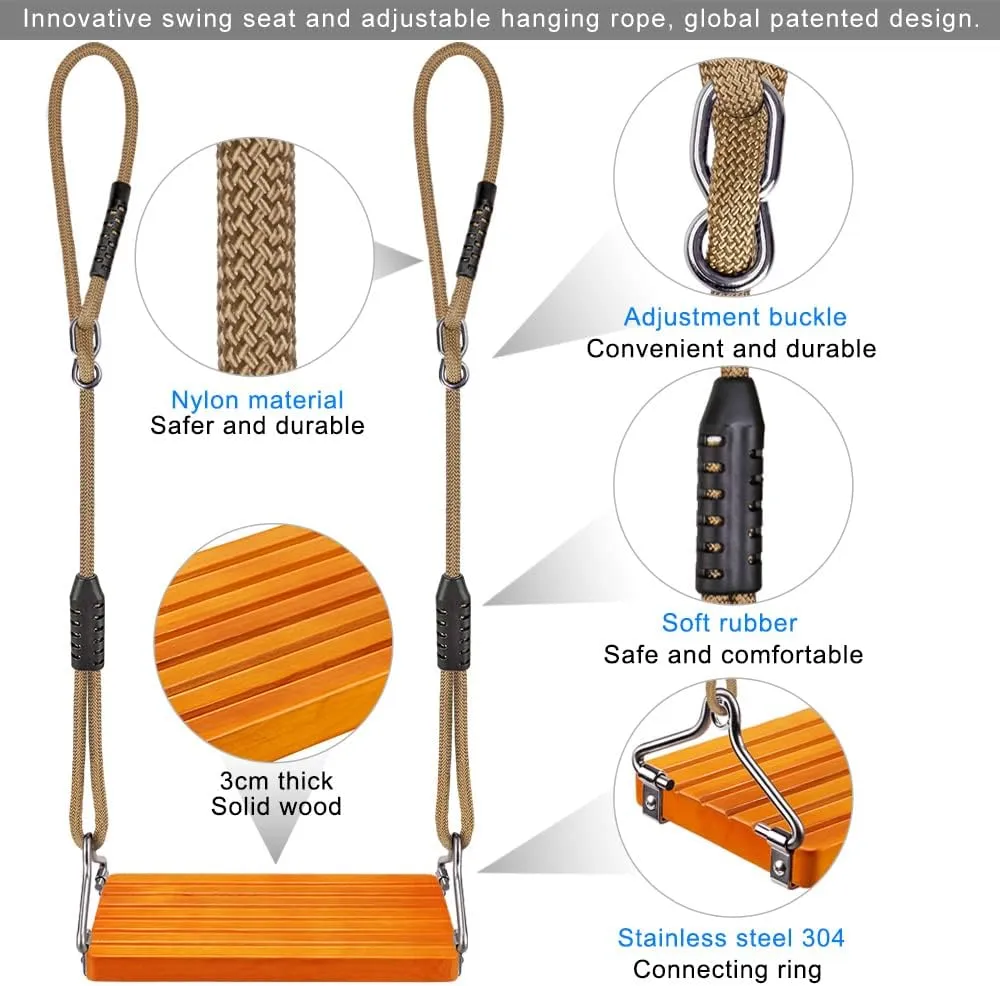 SELEWARE Hanging Wooden Swing, 17.5" x 8.2" Swing Seat with Adjustable Nylon Rope and 2 Carabiners, Wooden Tree Swing for Adults Kids Indoor Outdoor Backyard, 500lbs Capacity