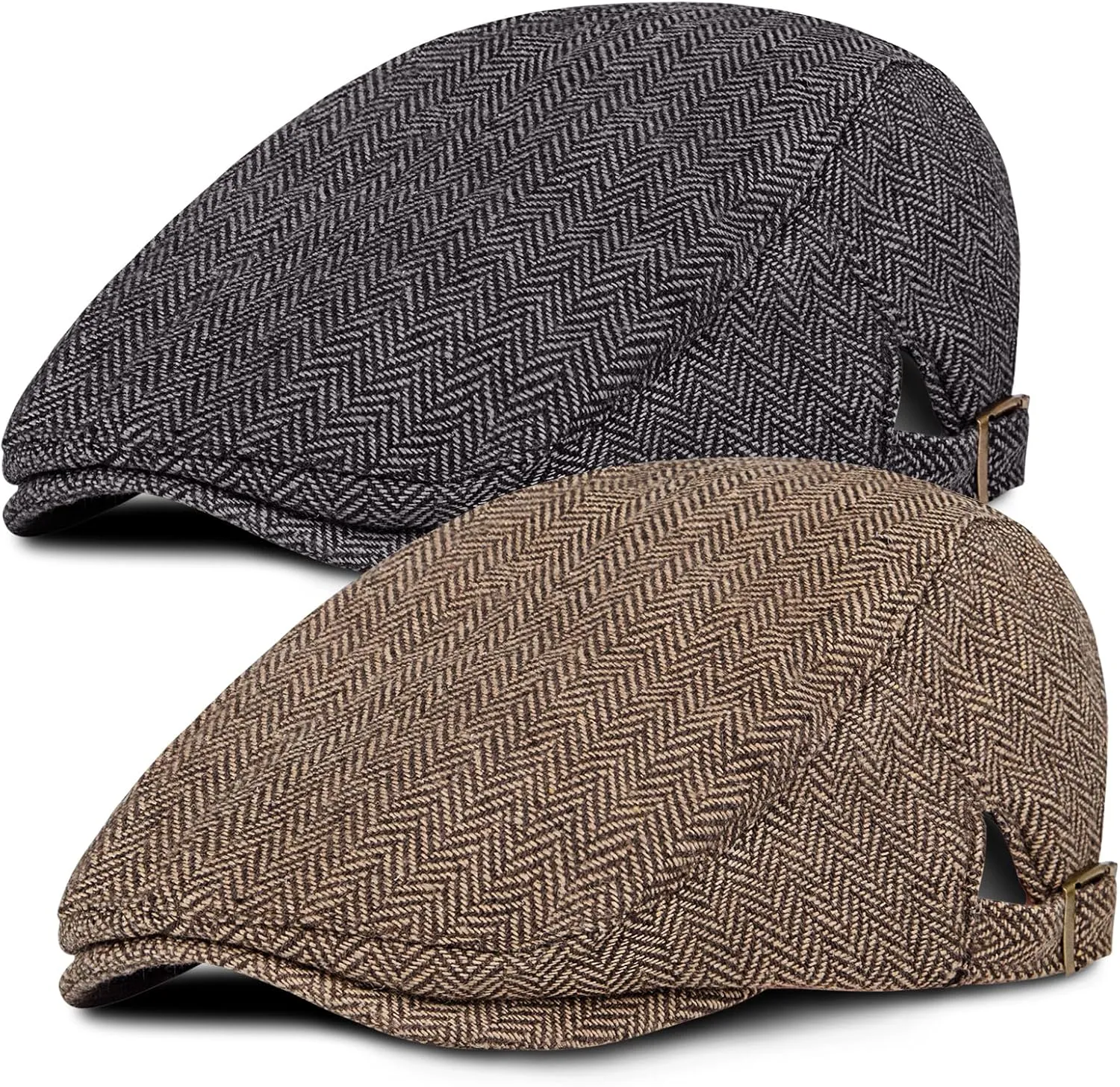 Senker Fashion 2 Pack Newsboy Cap for Men Adjustable Herringbone Tweed Wool Hats Blend Flat Cap Ivy Cabbie Driving Hat