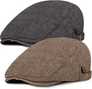 Senker Fashion 2 Pack Newsboy Cap for Men Adjustable Herringbone Tweed Wool Hats Blend Flat Cap Ivy Cabbie Driving Hat