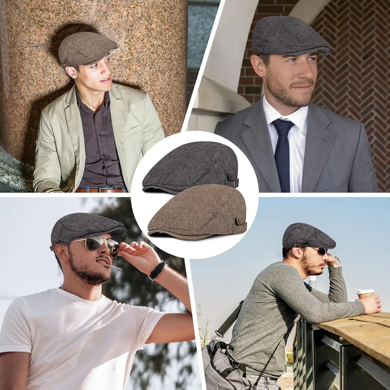 Senker Fashion 2 Pack Newsboy Cap for Men Adjustable Herringbone Tweed Wool Hats Blend Flat Cap Ivy Cabbie Driving Hat