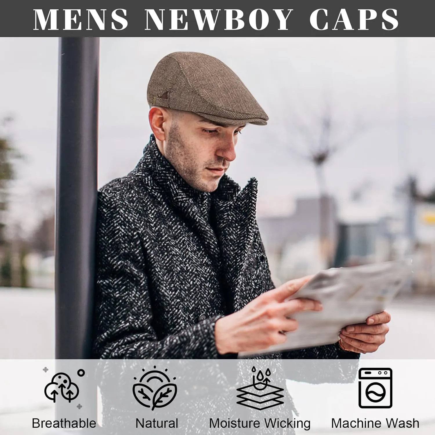 Senker Fashion 2 Pack Newsboy Cap for Men Adjustable Herringbone Tweed Wool Hats Blend Flat Cap Ivy Cabbie Driving Hat