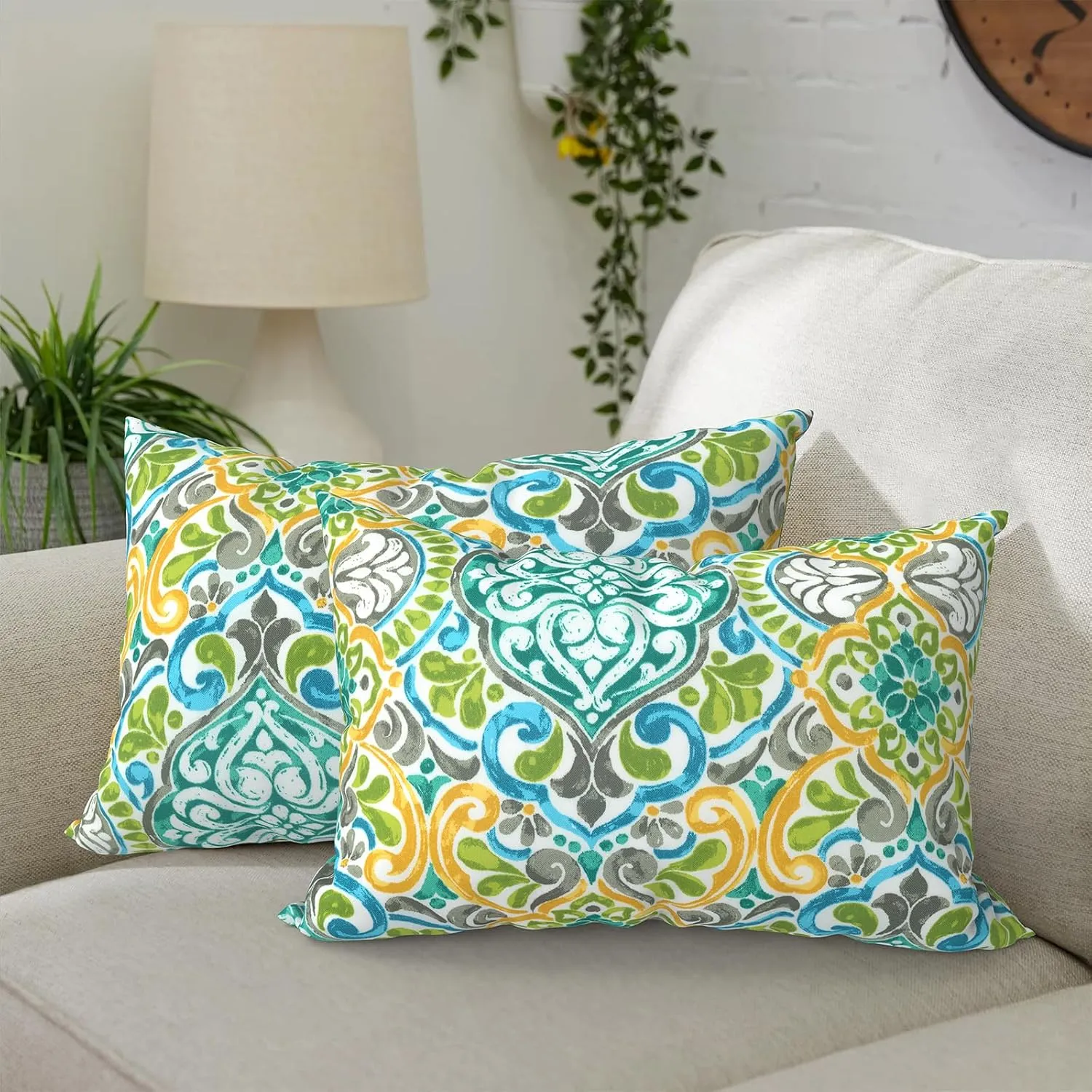 Set of 2 Outdoor Lumbar Pillows 12 x 20 Inch, Rectangle Patio Lumbar Pillows with Inner, Decorative Throw Pillows for Balcony, Porch, Couch and Patio Furniture Use - Damask Green