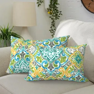 Set of 2 Outdoor Lumbar Pillows 12 x 20 Inch, Rectangle Patio Lumbar Pillows with Inner, Decorative Throw Pillows for Balcony, Porch, Couch and Patio Furniture Use - Damask Green