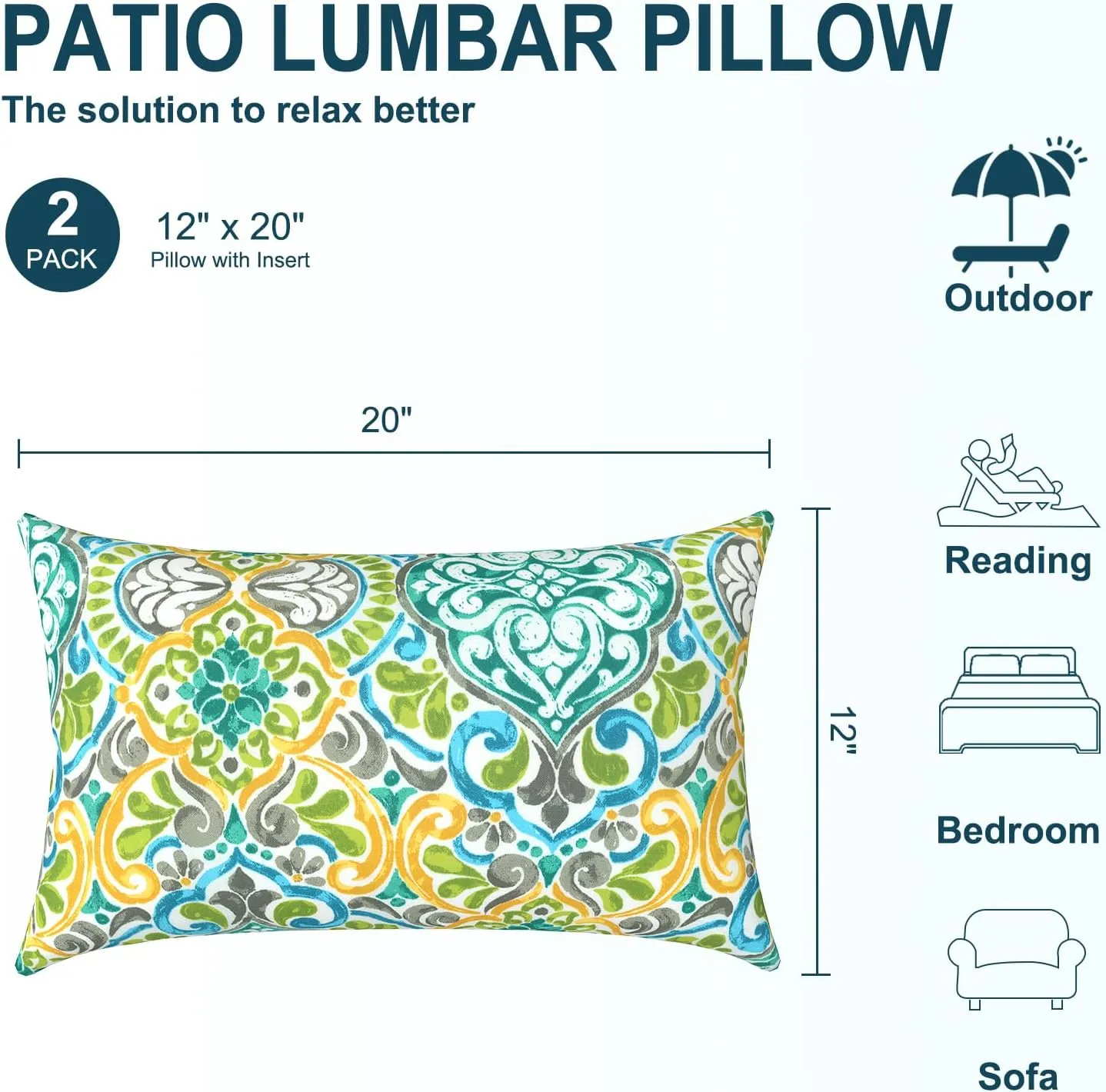 Set of 2 Outdoor Lumbar Pillows 12 x 20 Inch, Rectangle Patio Lumbar Pillows with Inner, Decorative Throw Pillows for Balcony, Porch, Couch and Patio Furniture Use - Damask Green