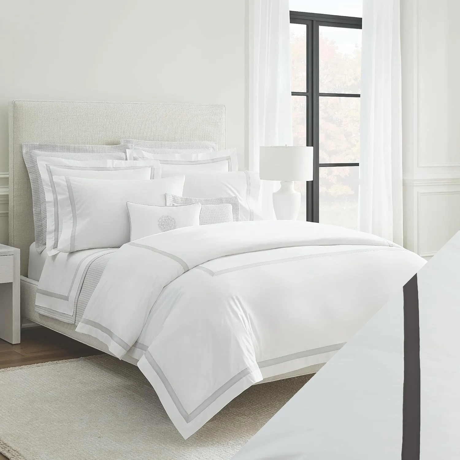 Sferra Estate Collection - 100% Long-Staple 200 Thread Count Cotton Percale with Sateen Appliqué - Cooling, Soft, and Breathable Bed Linens, 4pc King Sheet Set, White/Charcoal