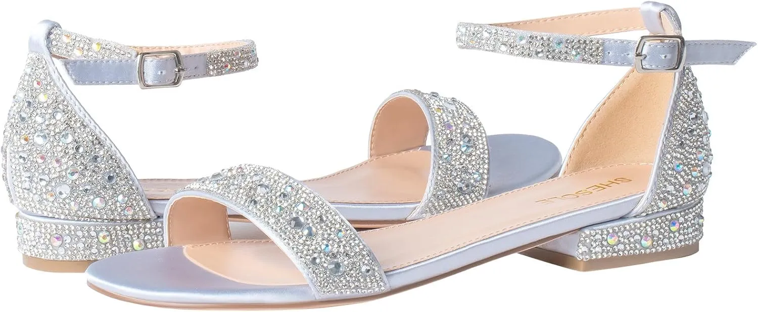 SheSole Women's Rhinestone Low Block Heel Sandals Sparkly Ankle Strap Sandal Bridal Wedding Dress Shoes Silver Gold White