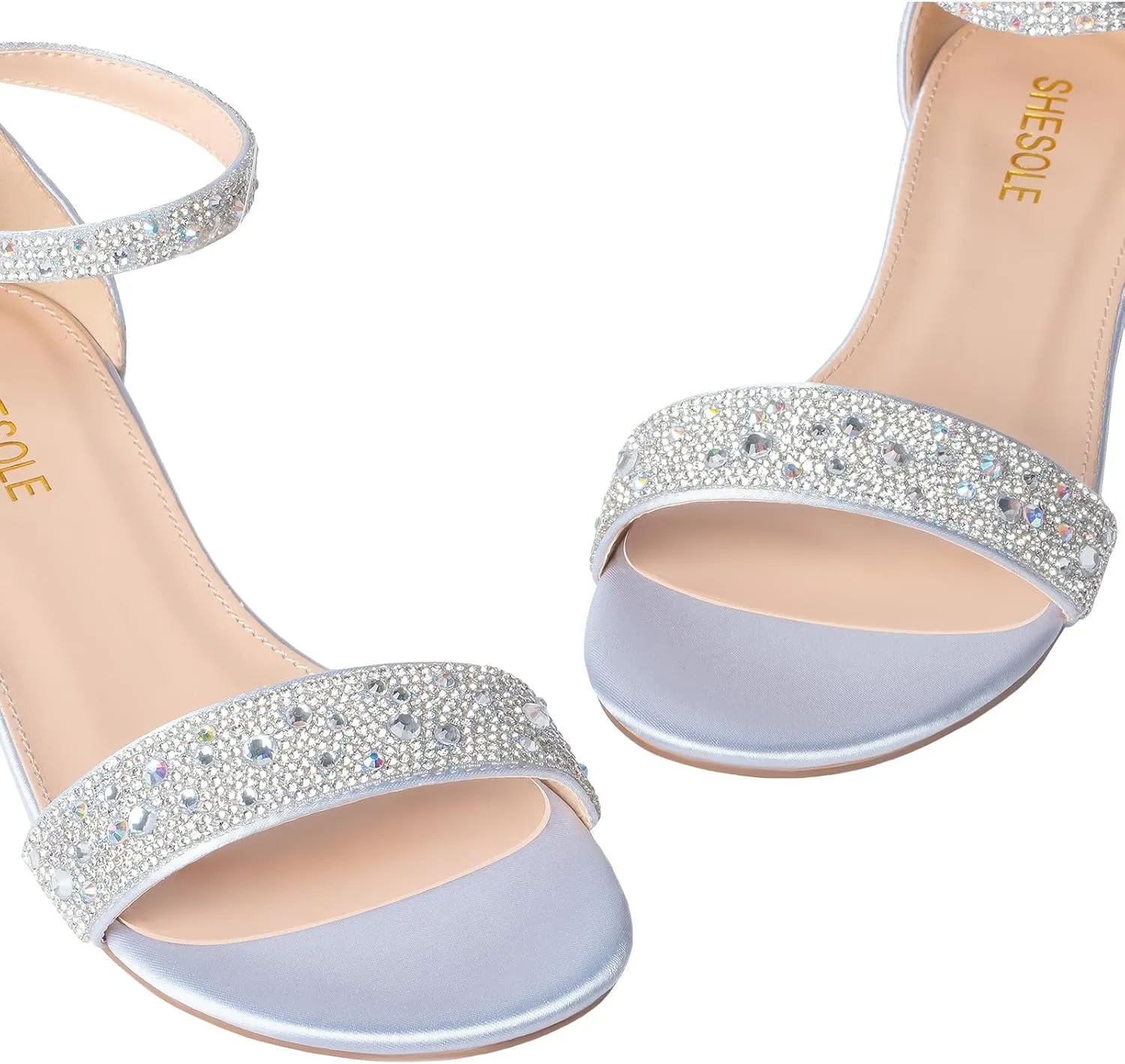 SheSole Women's Rhinestone Low Block Heel Sandals Sparkly Ankle Strap Sandal Bridal Wedding Dress Shoes Silver Gold White