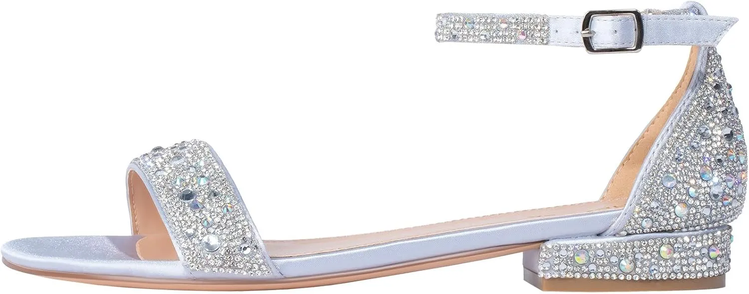 SheSole Women's Rhinestone Low Block Heel Sandals Sparkly Ankle Strap Sandal Bridal Wedding Dress Shoes Silver Gold White