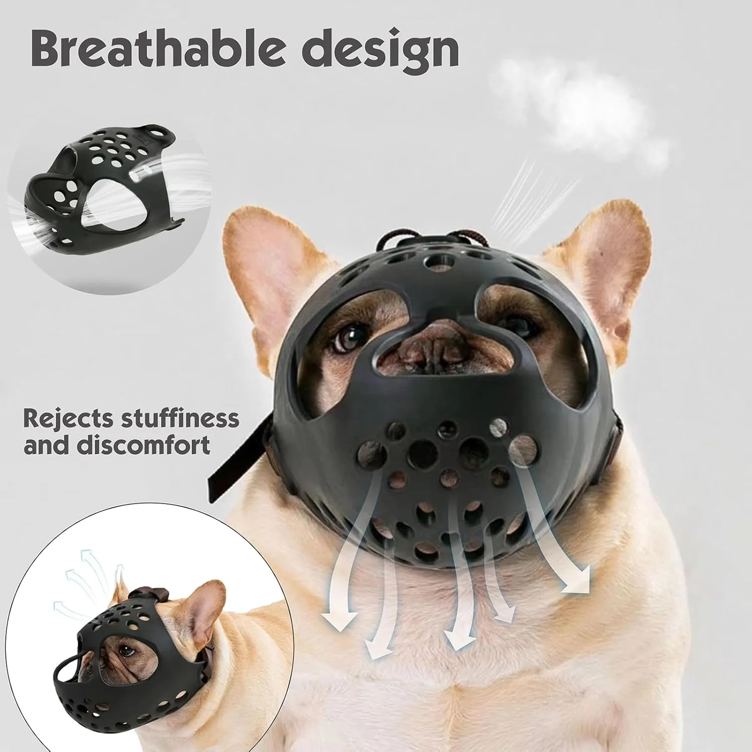 Short Snout Dog Muzzle- Adjustable Soft Silicone Flat Faced Muzzle Bulldog Muzzle Breathable Dog Mask for Biting Chewing Training Licking and Grooming (Gray, M（Head 13-15"）)