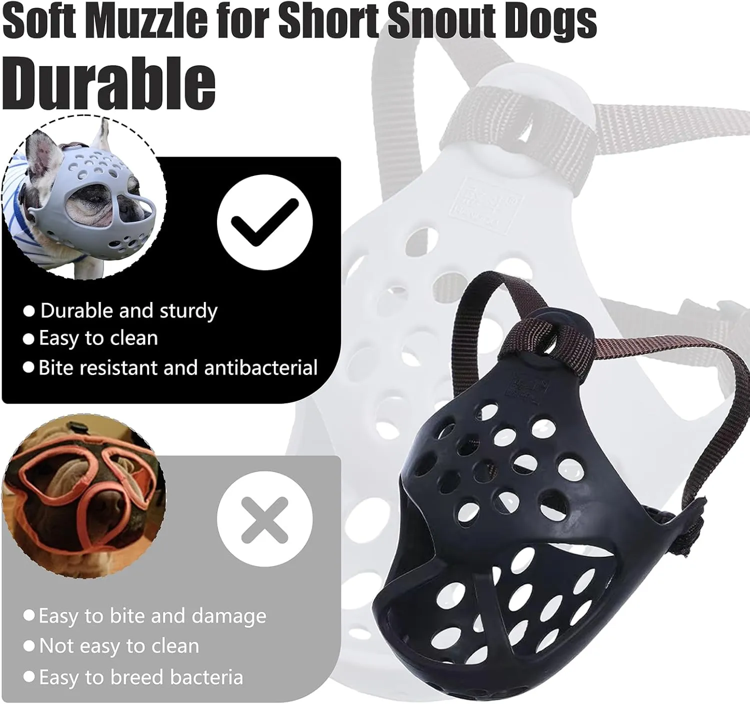 Short Snout Dog Muzzle- Adjustable Soft Silicone Flat Faced Muzzle Bulldog Muzzle Breathable Dog Mask for Biting Chewing Training Licking and Grooming (Gray, M（Head 13-15"）)