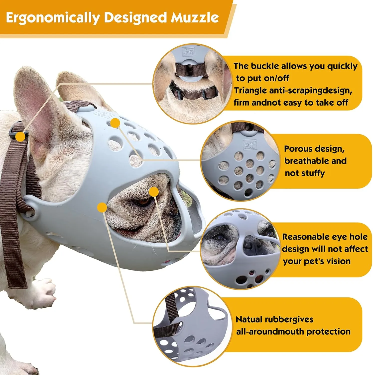 Short Snout Dog Muzzle- Adjustable Soft Silicone Flat Faced Muzzle Bulldog Muzzle Breathable Dog Mask for Biting Chewing Training Licking and Grooming (Gray, M（Head 13-15"）)