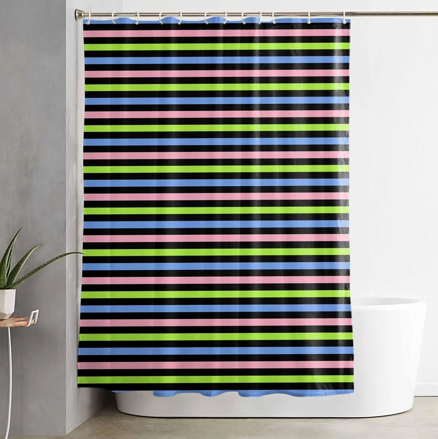 Shower Curtains for Bathroom-72x84in,Green Blue Pink Stripe Waterproof Bath Curtain Grommet Shower Curtain Set with Hooks,Classic Geometric Line Washable Bath Accessories