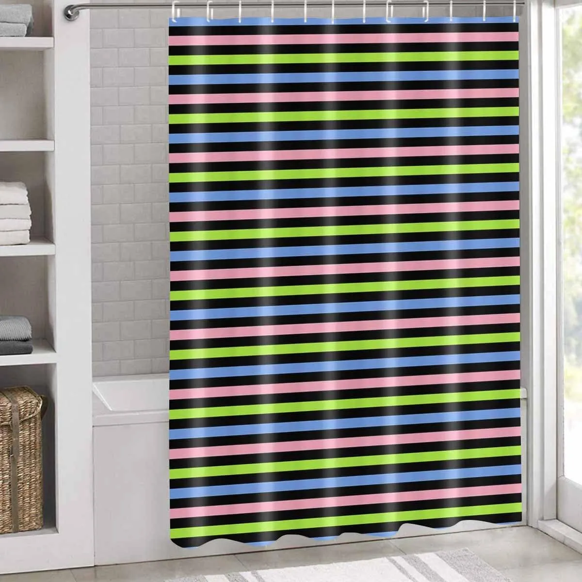 Shower Curtains for Bathroom-72x84in,Green Blue Pink Stripe Waterproof Bath Curtain Grommet Shower Curtain Set with Hooks,Classic Geometric Line Washable Bath Accessories