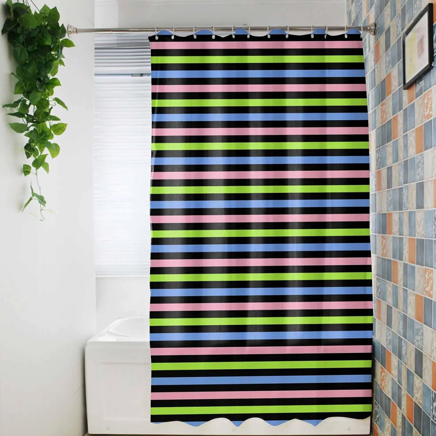 Shower Curtains for Bathroom-72x84in,Green Blue Pink Stripe Waterproof Bath Curtain Grommet Shower Curtain Set with Hooks,Classic Geometric Line Washable Bath Accessories