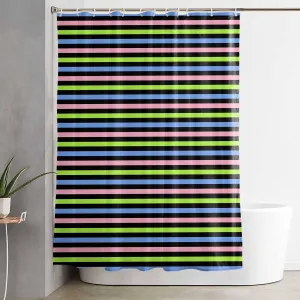 Shower Curtains for Bathroom-72x84in,Green Blue Pink Stripe Waterproof Bath Curtain Grommet Shower Curtain Set with Hooks,Classic Geometric Line Washable Bath Accessories