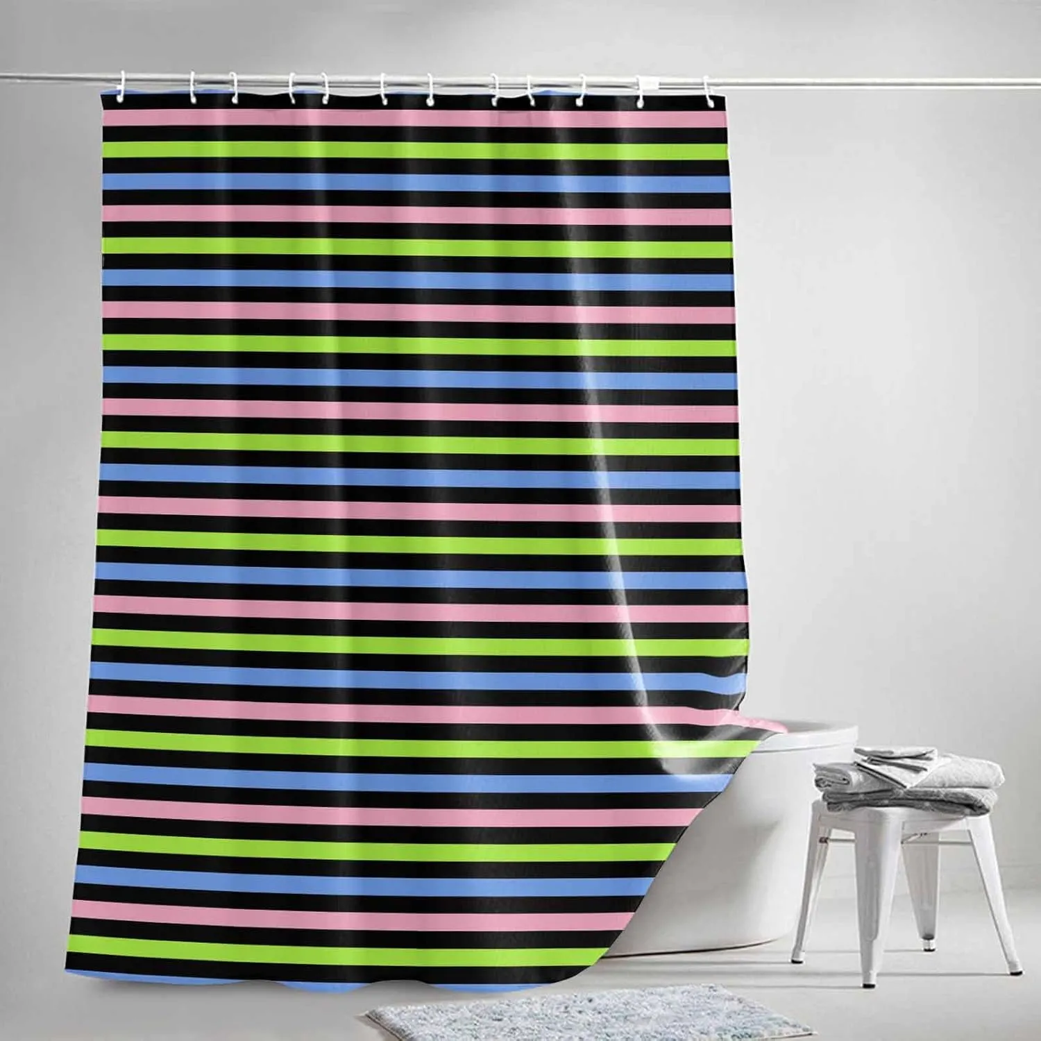 Shower Curtains for Bathroom-72x84in,Green Blue Pink Stripe Waterproof Bath Curtain Grommet Shower Curtain Set with Hooks,Classic Geometric Line Washable Bath Accessories