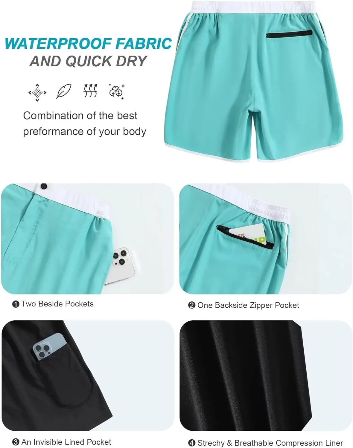 SILKWORLD Mens Swim Trunks Front Zipper Fly Quick Dry Beach Shorts with Compression Liner and Back Zipper Pockets