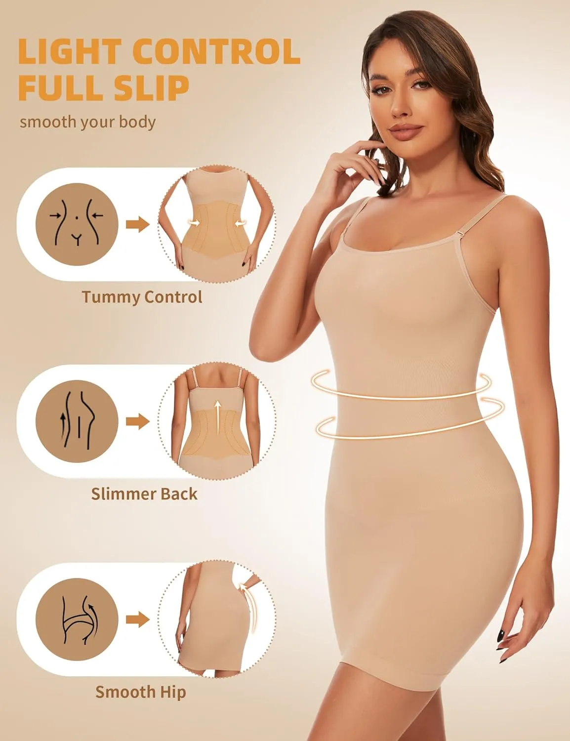 SLIMBELLE Shapewear Dress Slip for Women Tummy Control Adjustable Spaghetti Full Slip Seamless Body Shaper for Under Dresses