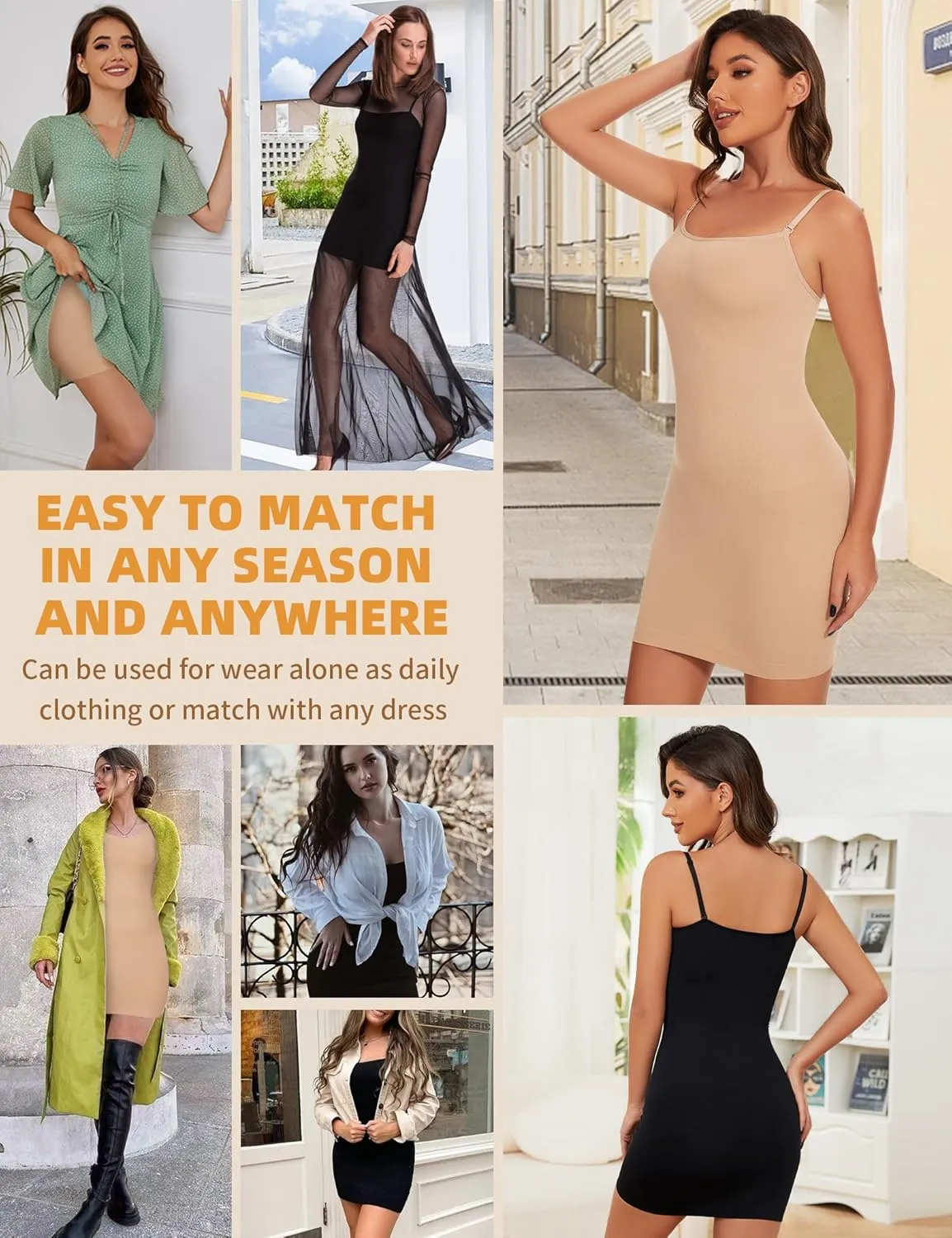 SLIMBELLE Shapewear Dress Slip for Women Tummy Control Adjustable Spaghetti Full Slip Seamless Body Shaper for Under Dresses