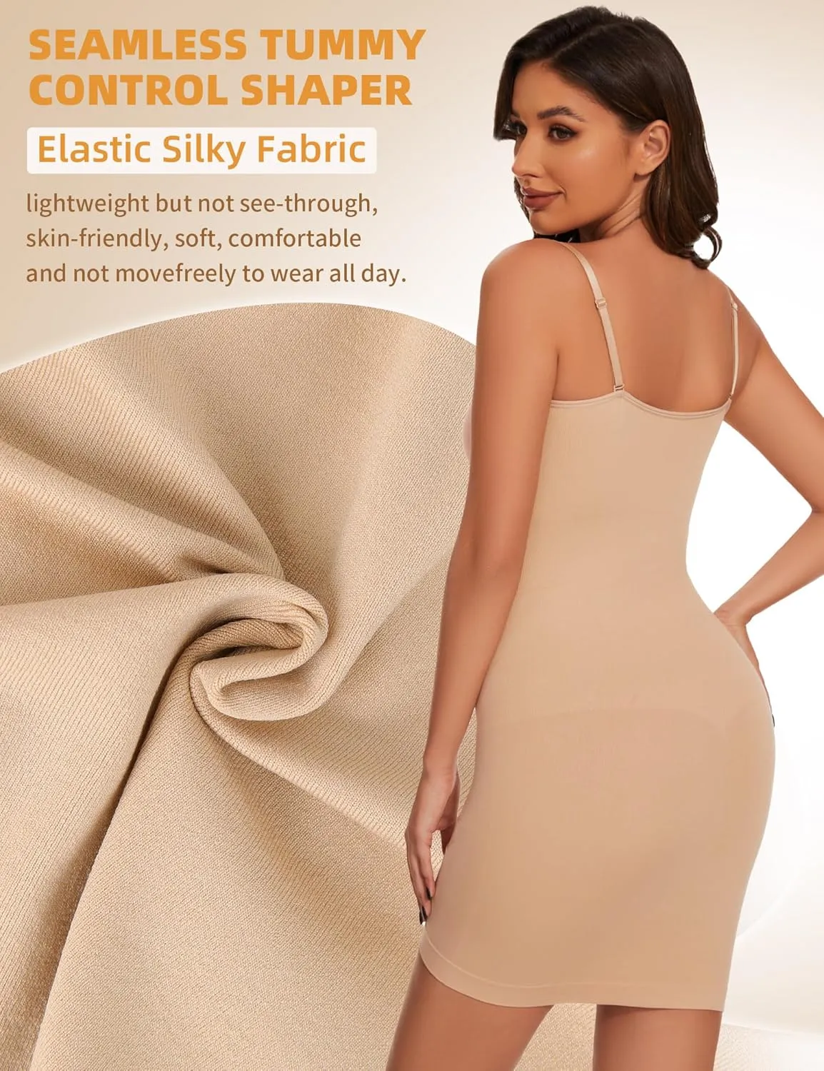 SLIMBELLE Shapewear Dress Slip for Women Tummy Control Adjustable Spaghetti Full Slip Seamless Body Shaper for Under Dresses