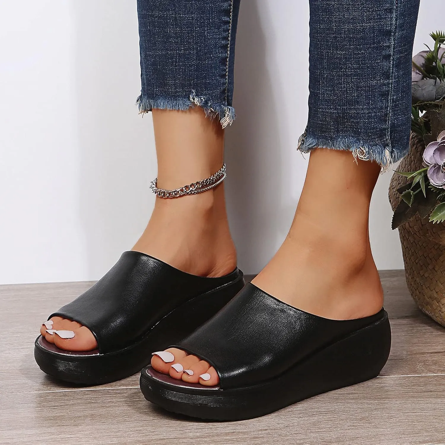 Slip on Sandals for Women Dressy Summer Casual Fish Mouth Open Toe Platform Wedge Slippers Comfortable Outdoor Ladies Thick Soled Shoes Slides