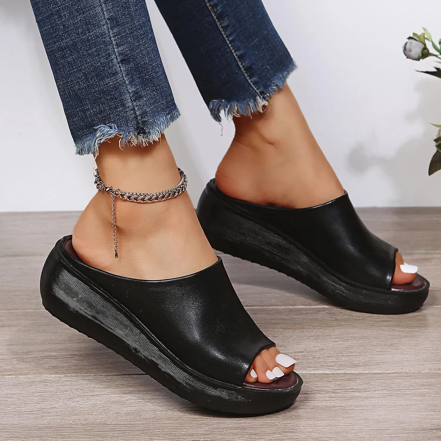 Slip on Sandals for Women Dressy Summer Casual Fish Mouth Open Toe Platform Wedge Slippers Comfortable Outdoor Ladies Thick Soled Shoes Slides
