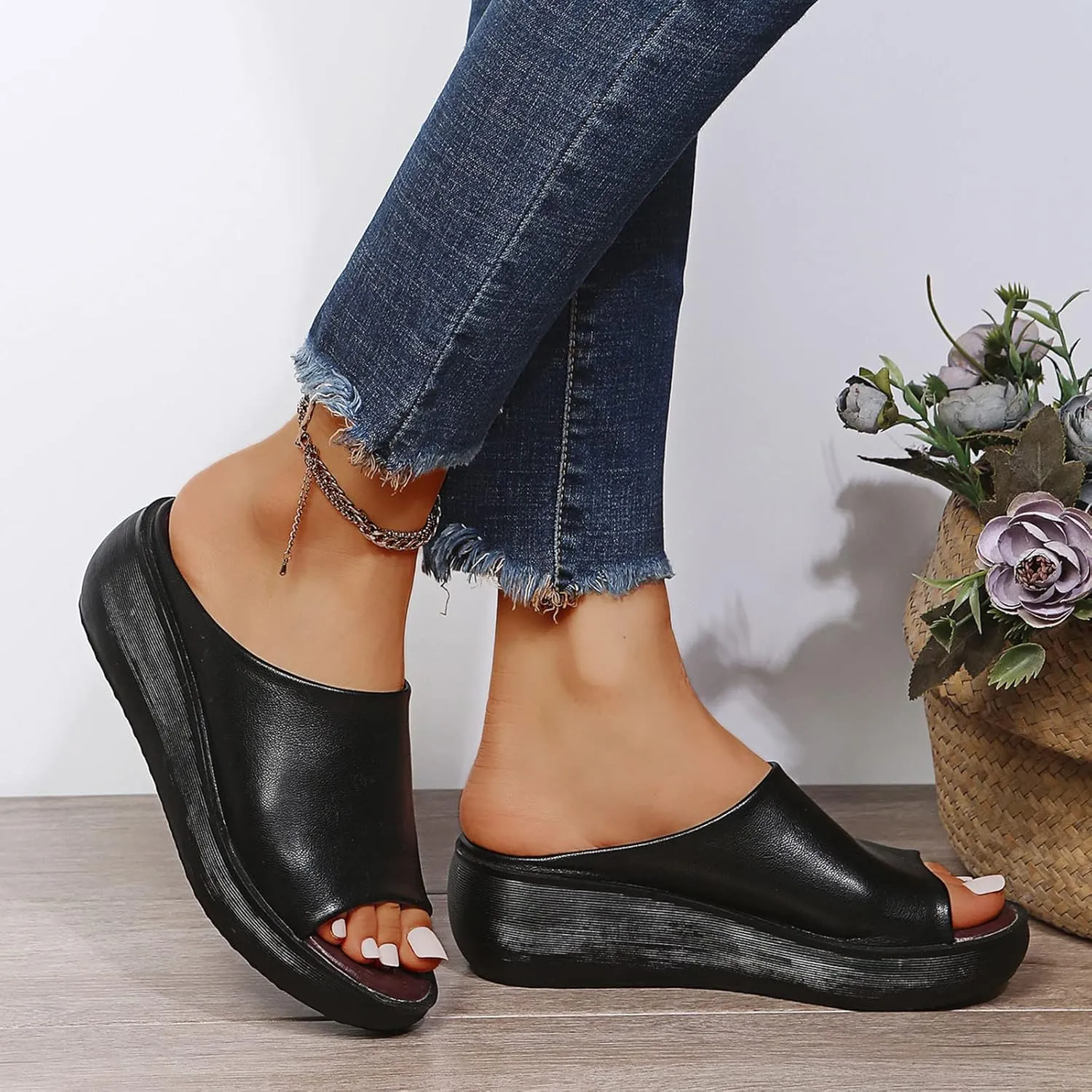 Slip on Sandals for Women Dressy Summer Casual Fish Mouth Open Toe Platform Wedge Slippers Comfortable Outdoor Ladies Thick Soled Shoes Slides