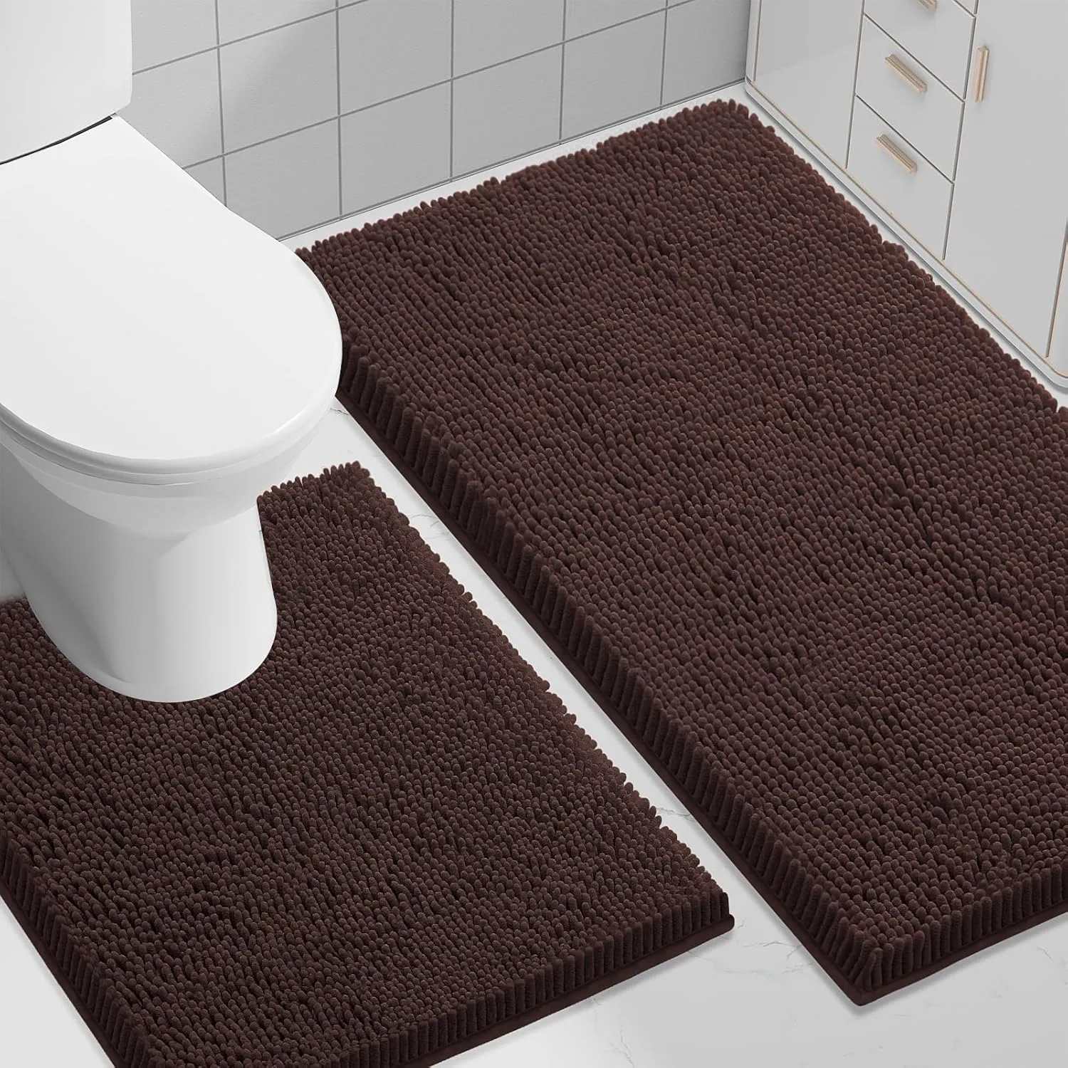 Smiry Bathroom Rugs Set 2 Piece, Soft Absorbent Chenille Bath Mat and U-Shaped Toilet Rug Set, Non Slip Shaggy Bath Carpet for Tub, Shower and Floor (30x20 24x20, Brown)