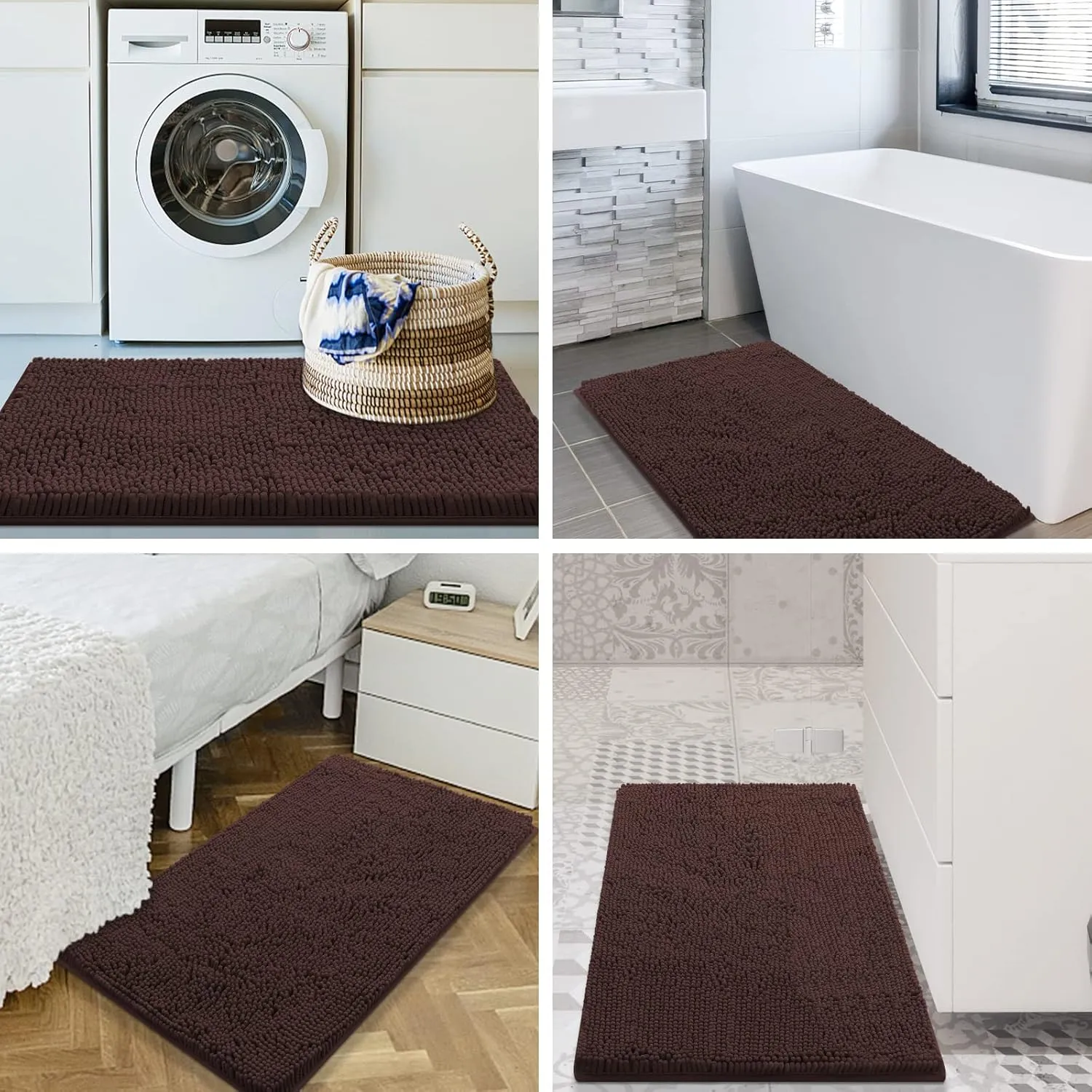 Smiry Bathroom Rugs Set 2 Piece, Soft Absorbent Chenille Bath Mat and U-Shaped Toilet Rug Set, Non Slip Shaggy Bath Carpet for Tub, Shower and Floor (30x20 24x20, Brown)