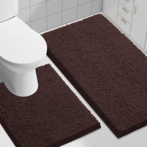 Smiry Bathroom Rugs Set 2 Piece, Soft Absorbent Chenille Bath Mat and U-Shaped Toilet Rug Set, Non Slip Shaggy Bath Carpet for Tub, Shower and Floor (30x20 24x20, Brown)