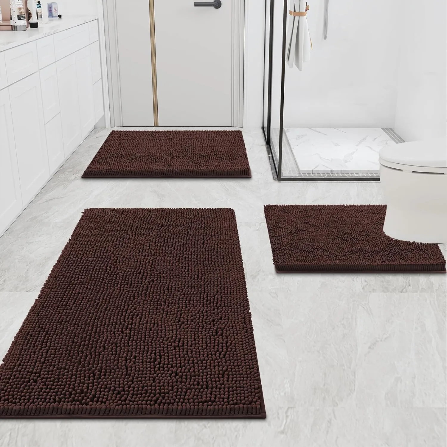 Smiry Bathroom Rugs Set 2 Piece, Soft Absorbent Chenille Bath Mat and U-Shaped Toilet Rug Set, Non Slip Shaggy Bath Carpet for Tub, Shower and Floor (30x20 24x20, Brown)