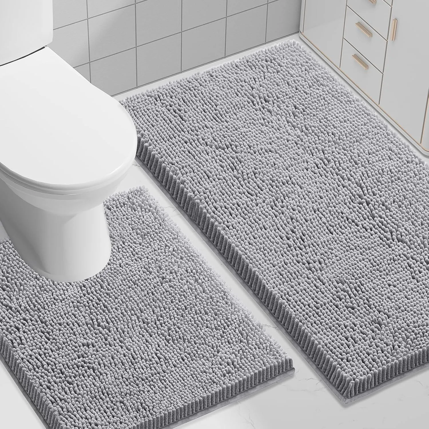 Smiry Bathroom Rugs Set 2 Piece, Soft Absorbent Chenille Bath Mat and U-Shaped Toilet Rug Set, Non Slip Shaggy Bath Carpet for Tub, Shower and Floor (30x20 24x20, Grey)