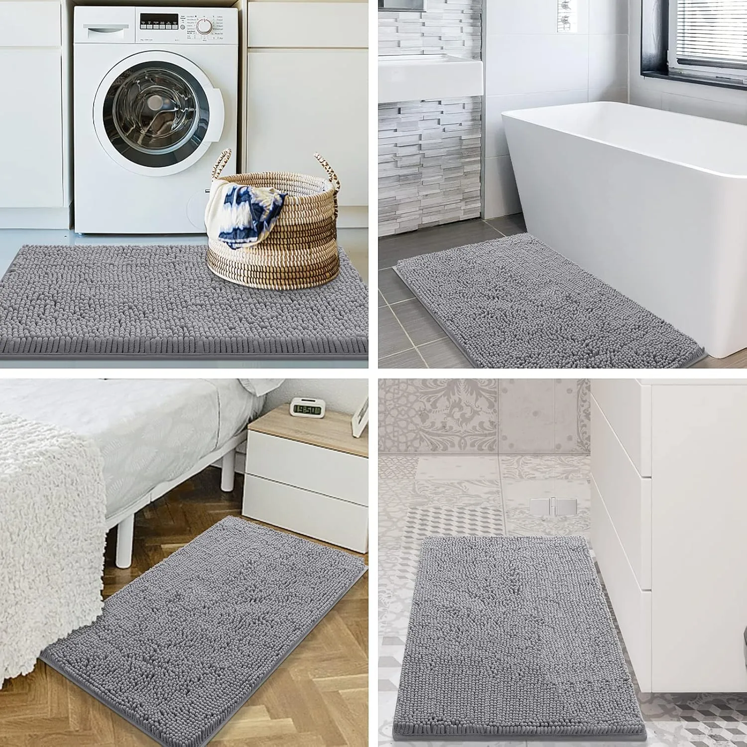 Smiry Bathroom Rugs Set 2 Piece, Soft Absorbent Chenille Bath Mat and U-Shaped Toilet Rug Set, Non Slip Shaggy Bath Carpet for Tub, Shower and Floor (30x20 24x20, Grey)